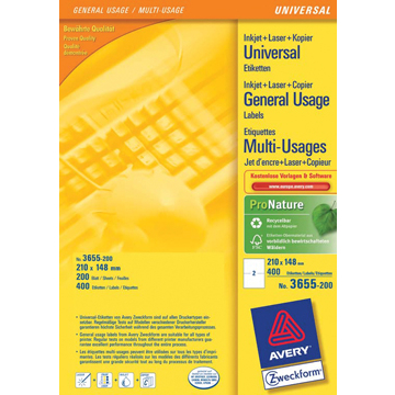 Avery Zweckform 3655-2, Universele etiketten, Ultragrip, wit, 200 vel, 2 per vel, ft 210 x 148 mm
