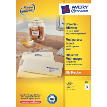 Avery Zweckform 3661, Universele etiketten, Ultragrip, wit, 100 vel, 12 per vel, 70 x 67,7 mm