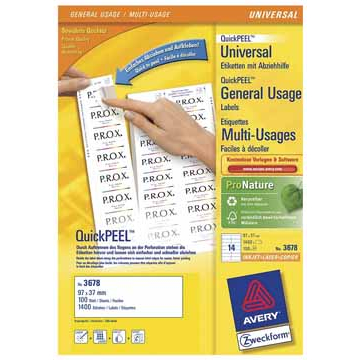 Avery Zweckform 3678, Universele etiketten, Ultragrip, wit, 100 vel, 14 per vel, ft 97 x 37 mm