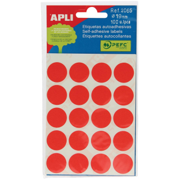 Apli ronde etiketten in etui diameter 19 mm, rood, 100 stuks, 20 per blad (2065)