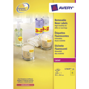 Avery Afneembare neon etiketten ft 99,1 x 38,1 mm (b x h), doos van 100 blad, 1.400 stuks, neongeel