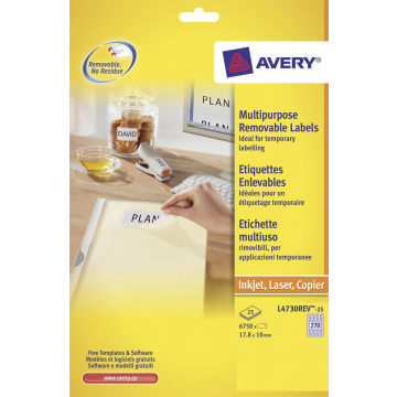 Avery afneembare witte etiketten Stick & Lift ft 17,8 x 10 mm (b x h), 6.750 stuks, 270 per blad