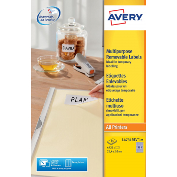 Avery afneembare witte etiketten Stick & Lift ft 25,4 x 10 mm (b x h), 4.725 stuks, 189 per blad