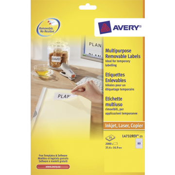 Avery afneembare witte etiketten Stick & Lift ft 35,6 x 16,9 mm (b x h), 2.000 stuks, 80 per blad