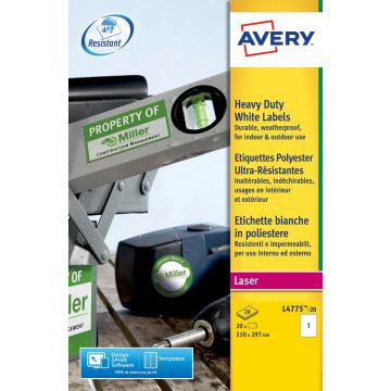 Avery Ultra-sterke witte etiketten ft 210 x 297 mm (b x h), 20 stuks, 1 per blad