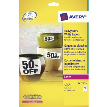 Avery ultra-sterke witte etiketten ft 45,7 x 21,2 mm (b x h), 960 stuks, 48 per blad