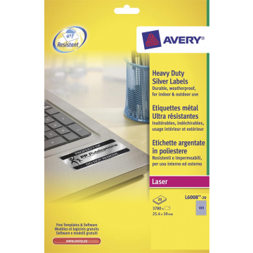 Avery ultra-sterke zilverkleurige etiketten ft 24,5 x 10 mm (b x h), 3.780 stuks, 189 per blad