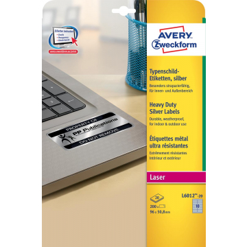 Avery ultra-sterke zilverkleurige etiketten ft 96 x 50,8 mm (b x h), 200 stuks, 10 per blad