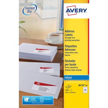 Avery Witte etiketten QuickDry doos van 40 blad, ft 63,5 x 33,9 mm (b x h), 960 stuks, 24 per blad Me...