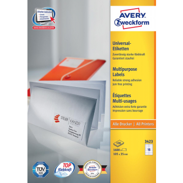 Avery witte etiketten QuickPeel ft 105 x 35 mm (b x h), 1.600 stuks, 16 per blad, doos van 100 blad