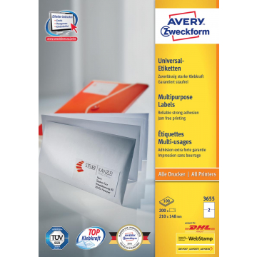 Avery witte etiketten QuickPeel Ft 210 x 148 mm (b x h), 200 stuks, 2 per blad, doos van 100 blad