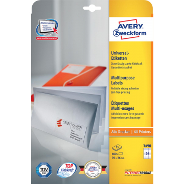 Avery witte etiketten QuickPeel Ft 70 x 36 mm (b x h), 600 stuks, 24 per blad, doos van 25 blad