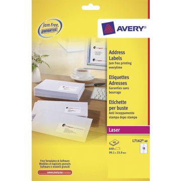 Avery Witte laseretiketten QuickPeel doos van 40 blad, ft 99,1 x 33,9 mm (b x h), 640 stuks, 16 per blad
