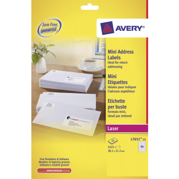 Avery Witte laseretiketten QuickPeel ft 38,1 x 21,2 mm (b x h), 1.625 stuks, doos van 25 blad