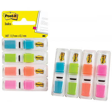 Post-it Index Smal, ft 12 x 43 mm, blister met 4 kleuren, 35 tabs per kleur