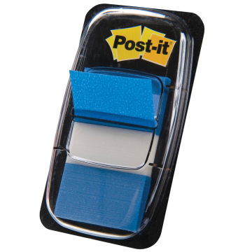 Post-it Index standaard, ft 25,4 x 43,2 mm, blauw, houder met 50 tabs