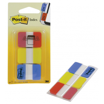 Post-it Index Strong, ft 25,4 x 38 mm, set van 3 kleuren (rood, geel en blauw), 22 tabs per kleur