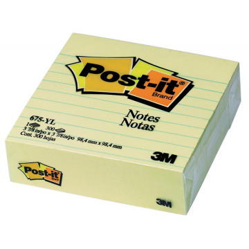 Post-it Notes, ft 100 x 100 mm, geel, gelijnd, blok van 300 vel