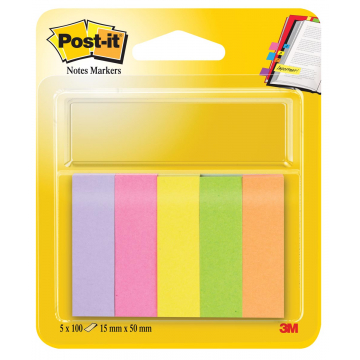 Post-it Notes Markers, ft 15 x 50 mm, geassorteerde kleuren, blister met 5 blokjes van 100 vel