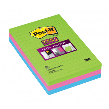 Post-it Super Sticky notes, ft 102 x 152 mm, 90 vel, pak van 3 blokken in geassorteerde kleuren