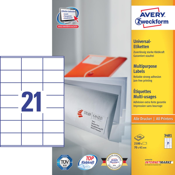 Büro & Schreibwaren 2400 ETIKETTEN 105 x 48 mm weiß Laser Inkjet Kopierer 200 Bl