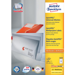 Avery Zweckform 3659, Universele etiketten, Ultragrip, wit, 100 vel, 12 per vel, 97 x 42,3 mm