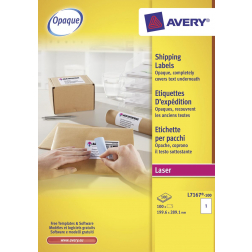 Avery L7167, Verzendetiketten, Laser, Ultragrip, wit, 100 vellen, 1 per vel, 199,6 x 289,1 mm