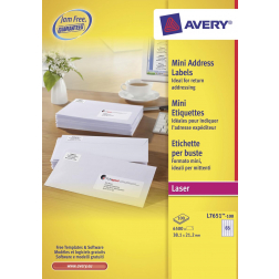 Avery L7651, Verzendetiketten, Laser, Ultragrip, wit, 100 vellen, 65 per vel, 38,1 x 21,2 mm