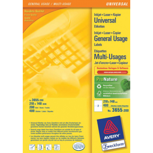 Avery Zweckform 3655-2, Universele etiketten, Ultragrip, wit, 200 vel, 2 per vel, ft 210 x 148 mm