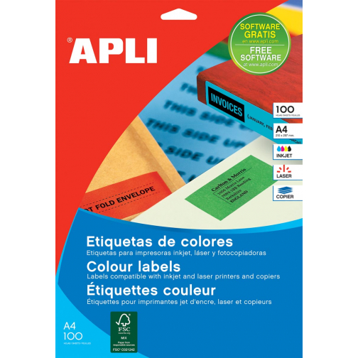 Apli Gekleurde etiketten ft 210 x 297 mm (b x h), rood, 100 stuks, 1 per blad