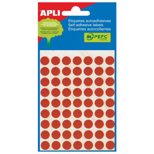 Apli ronde etiketten in etui diameter 10 mm, rood, 315 stuks, 63 per blad (2053)