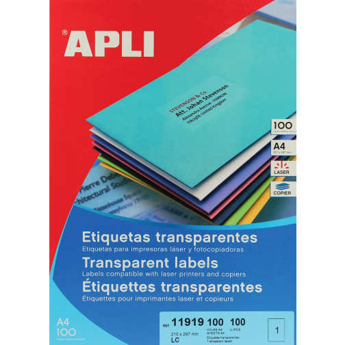 Apli Transparante etiketten ft 210 x 297 mm (b x h), 100 stuks, 1 per blad, doos van 100 blad