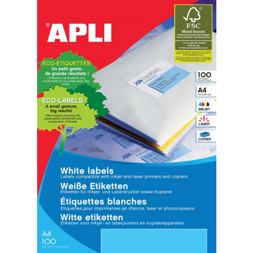 Apli Witte etiketten ft 199,6 x 144,5 mm (b x h), 200 stuks, 2 per blad (2423)