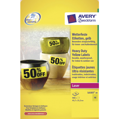 Avery Etiketten Heavy Duty ft 45,7 x 21,2 mm geel