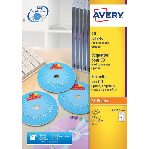 Avery L7676-100 CD etiketten, diameter 117 mm, 200 etiketten, wit