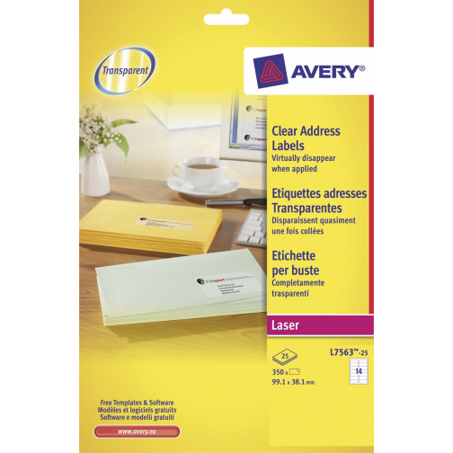Avery transparante etiketten QuickPEEL ft 99,1 x 38,1 mm (b x h), 350 stuks, 14 per blad