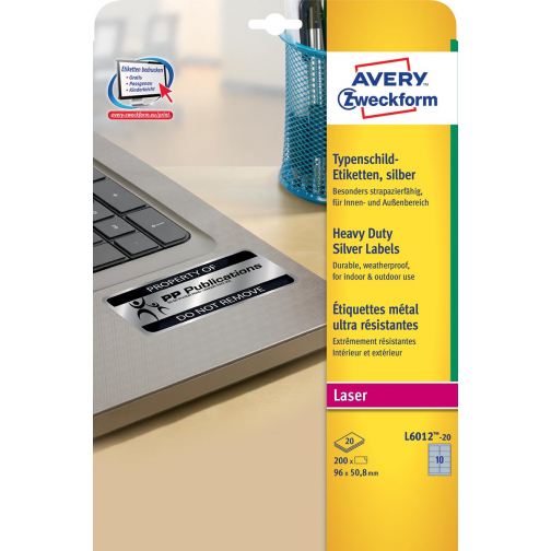 Avery ultra-sterke zilverkleurige etiketten ft 96 x 50,8 mm (b x h), 200 stuks, 10 per blad