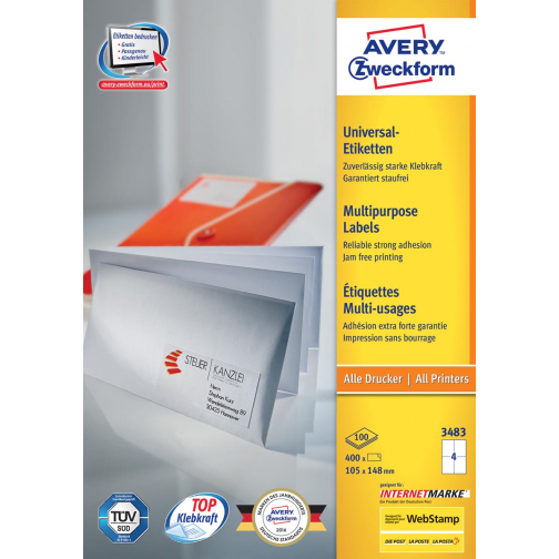 Avery Zweckform 3483, Universele etiketten, Ultragrip, wit, 100 vel, 4 per vel, 105 x 148 mm