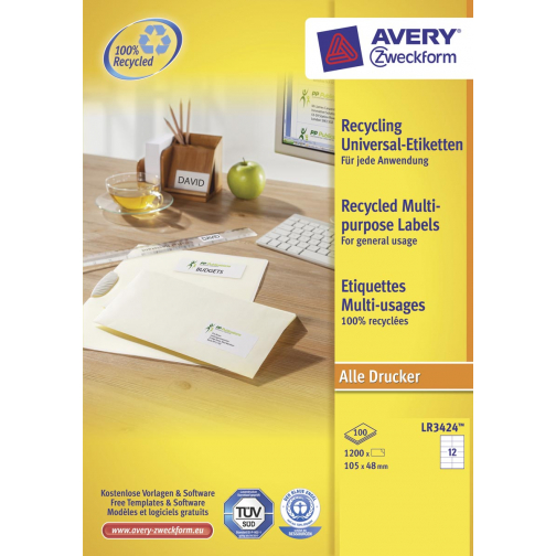 Avery Witte gerecycleerde universele etiketten ft 105 x 48 mm (b x h), 1.200 stuks, 12 per blad