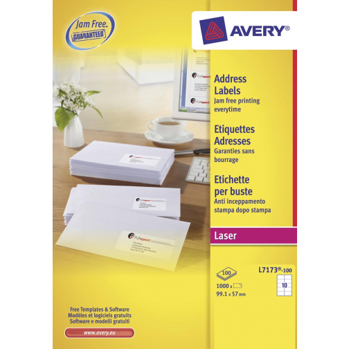 Avery L7173, Verzendetiketten, Laser, Ultragrip, wit, 100 vellen, 10 per vel, 99,1 x 57 mm