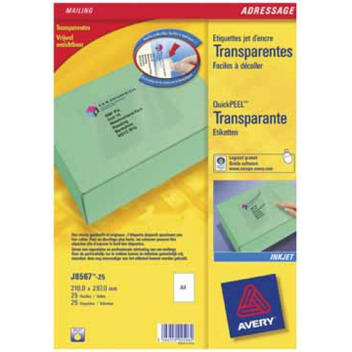 Avery transparante verzendetiketten ft 210 x 297 mm, 25 stuks, 1 per blad
