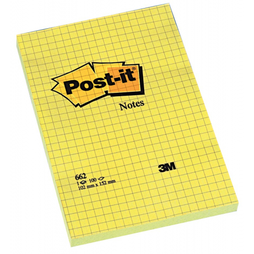 Post-it Notes, ft 102 x 152 mm, geel, geruit, blok van 100 vel