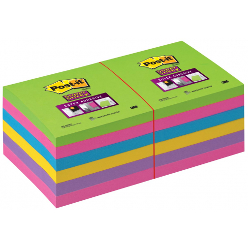 Post-it Super Sticky notes, 90 vel, ft 76 x 76 mm, pak van 12 blokken, geassorteerde kleuren